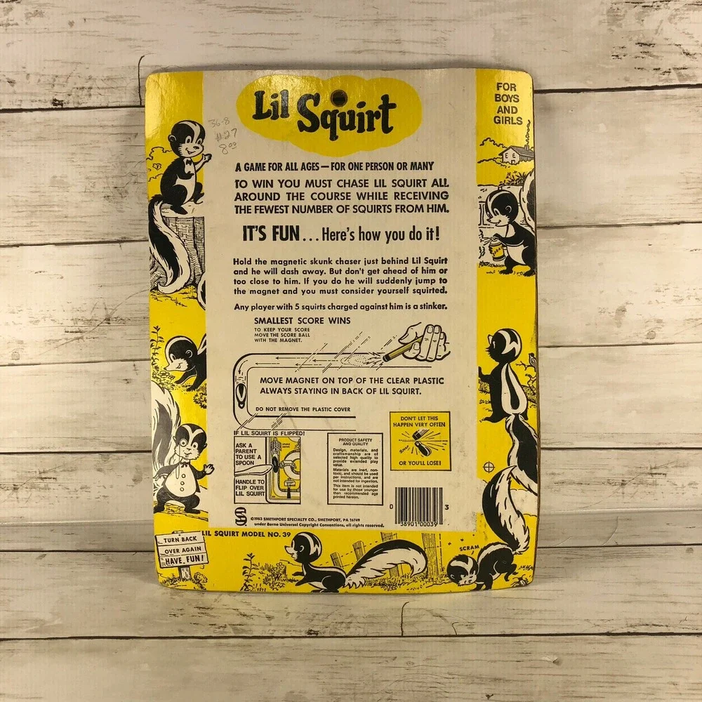 Vintage 1963 Smethport Lil Squirt Magnetic Skunk Chaser Game Model 39 Yellow